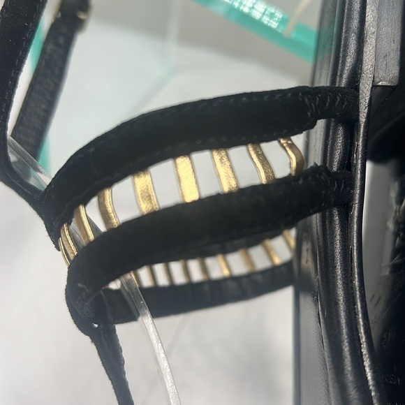 Sigerson Morrison Sz 6 Black Suede Gold Leather TStrap Ankle Strap Flat Sandals - Picture 7 of 11